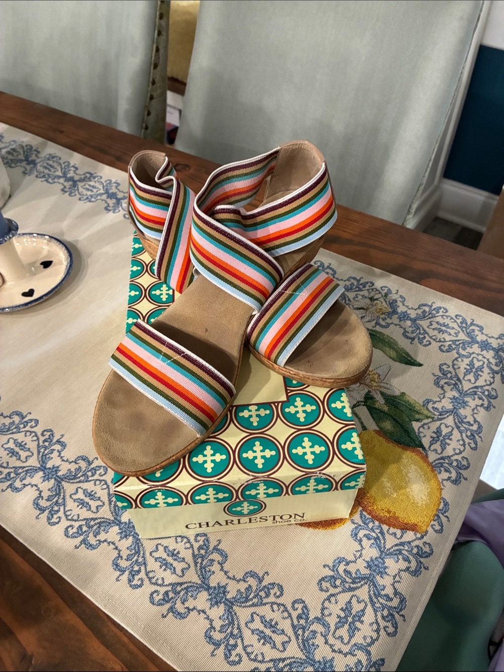 CHARLESTON SHOE CO. Multi-Stripe Elastic Strap Sandals — Tan & Multi-Color
